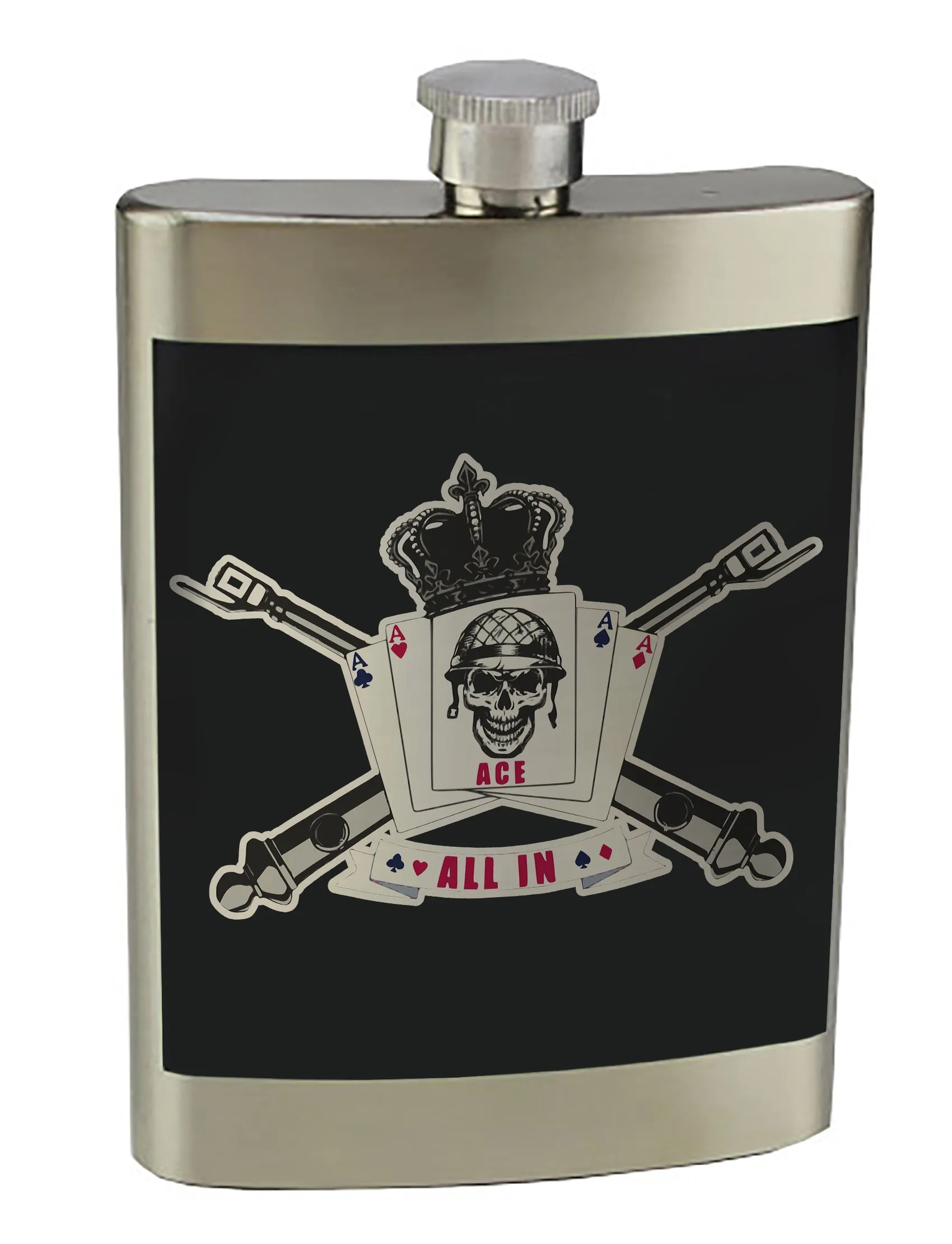 Alpha Battery 8 oz. Stainless Steel Flask with screw on lid.