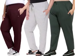 Cotton Track Pants For Women Pack of 3 (Grey, Bottle Green & Wine)